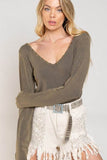POL Studded Ribbed V-Neck Long Sleeves Top - Rosa Apparel