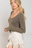 POL Studded Ribbed V-Neck Long Sleeves Top - Rosa Apparel