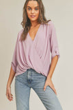 Lush Tab Sleeve Surplice V-Neck 3/4 Sleeve Blouse - Rosa Apparel