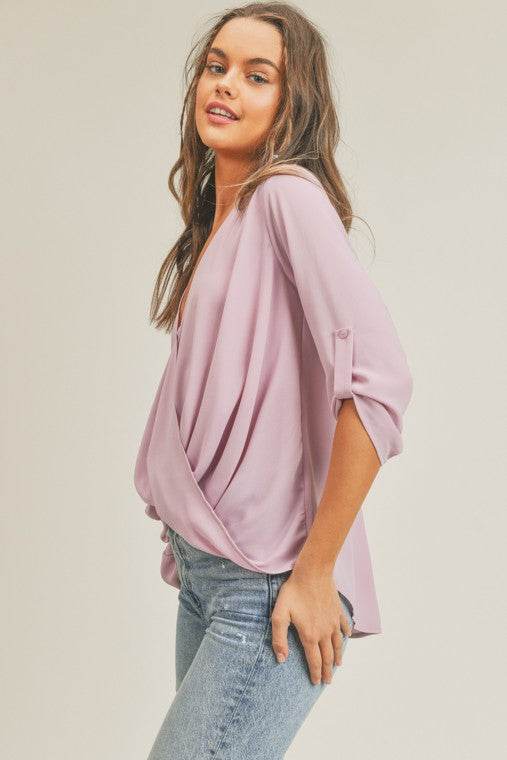 Lush Tab Sleeve Surplice V-Neck 3/4 Sleeve Blouse - Rosa Apparel