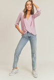 Lush Tab Sleeve Surplice V-Neck 3/4 Sleeve Blouse - Rosa Apparel