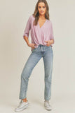 Lush Tab Sleeve Surplice V-Neck 3/4 Sleeve Blouse - Rosa Apparel