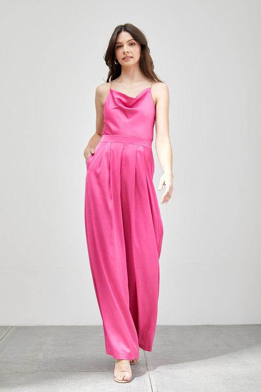 Do + Be Elegant Cowl Neck Trim Detail Wide Leg Sleeveless Jumpsuit - Rosa Apparel