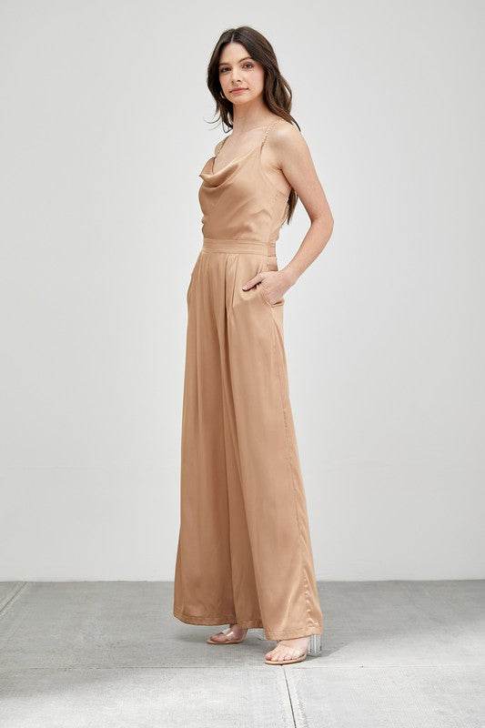 Do + Be Elegant Cowl Neck Trim Detail Wide Leg Sleeveless Jumpsuit - Rosa Apparel