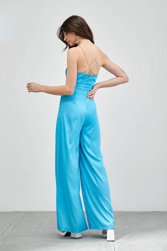 Do + Be Elegant Cowl Neck Trim Detail Wide Leg Sleeveless Jumpsuit - Rosa Apparel