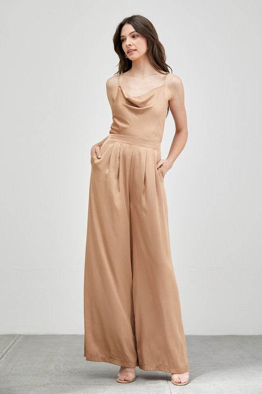 Do + Be Elegant Cowl Neck Trim Detail Wide Leg Sleeveless Jumpsuit - Rosa Apparel
