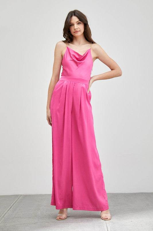 Do + Be Elegant Cowl Neck Trim Detail Wide Leg Sleeveless Jumpsuit - Rosa Apparel