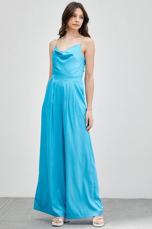 Do + Be Elegant Cowl Neck Trim Detail Wide Leg Sleeveless Jumpsuit - Rosa Apparel