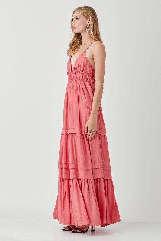 Mustard Seed Shirred Ruffle Folded Detail Maxi Dress - Rosa Apparel