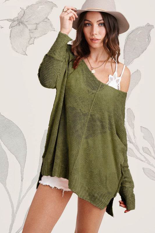 La Miel Taylor Oversized Stretchy V-Neck Drop Shoulder Sweater - Rosa Apparel