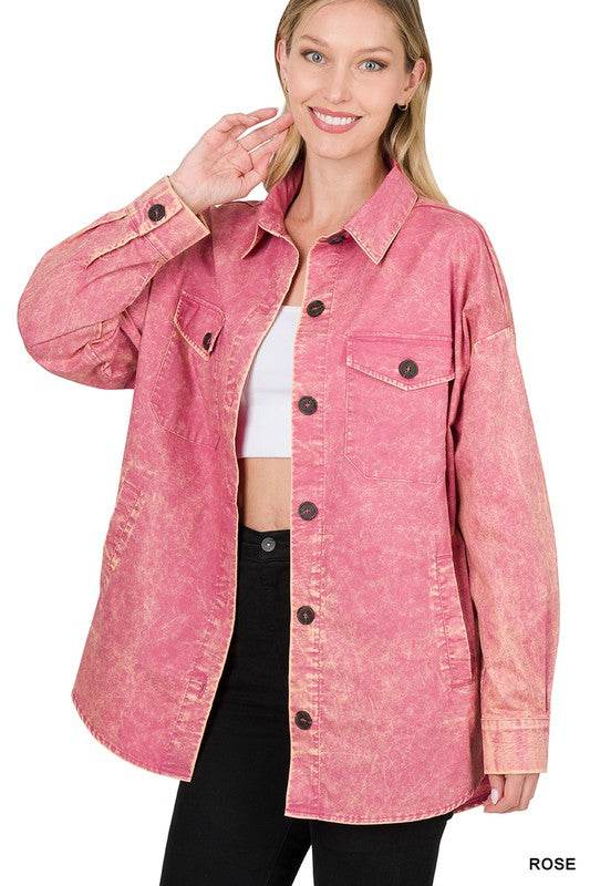 Zenana Premium Cotton Woven Vintage Washed Shacket - Rosa Apparel