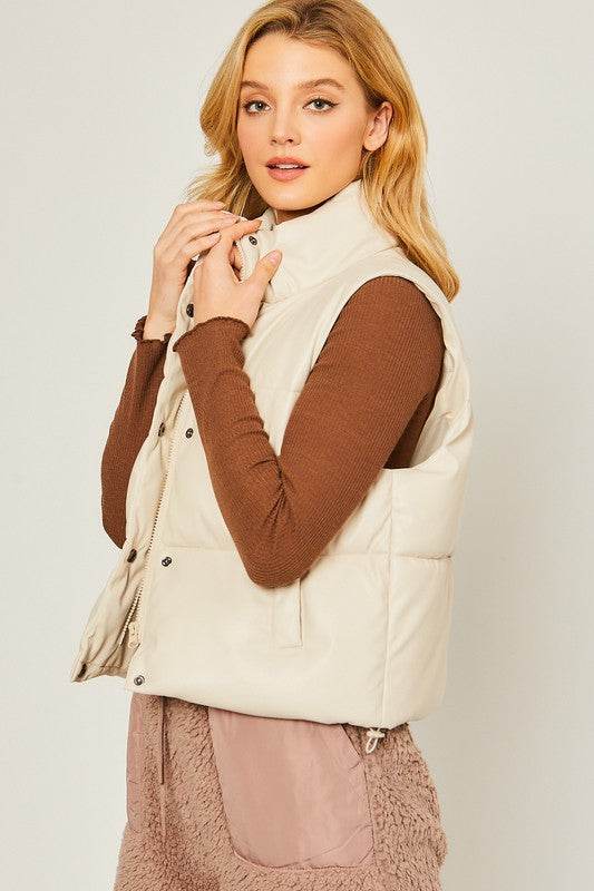 Love Tree PU Padded Sleeveless Mock Neckline Vest - Rosa Apparel