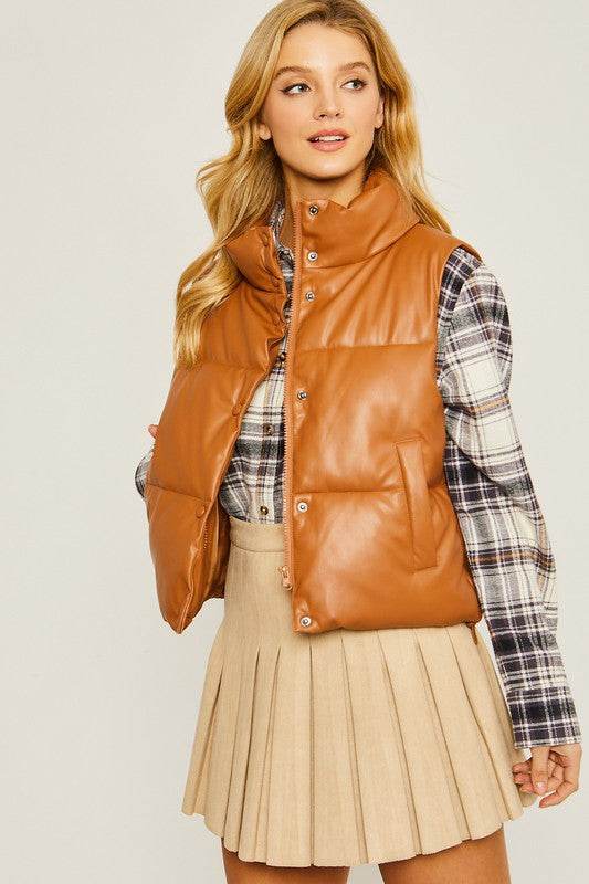 Love Tree PU Padded Sleeveless Mock Neckline Vest - Rosa Apparel