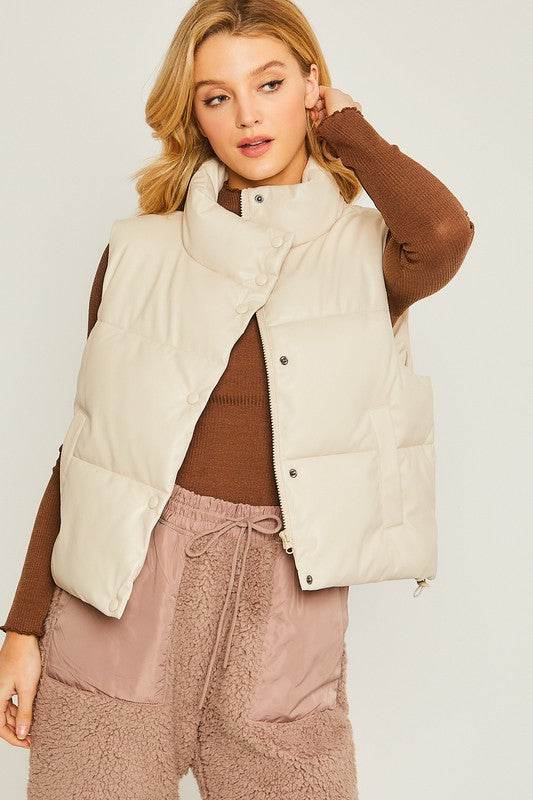 Love Tree PU Padded Sleeveless Mock Neckline Vest - Rosa Apparel