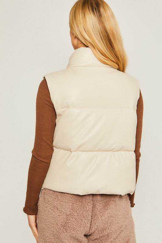 Love Tree PU Padded Sleeveless Mock Neckline Vest - Rosa Apparel