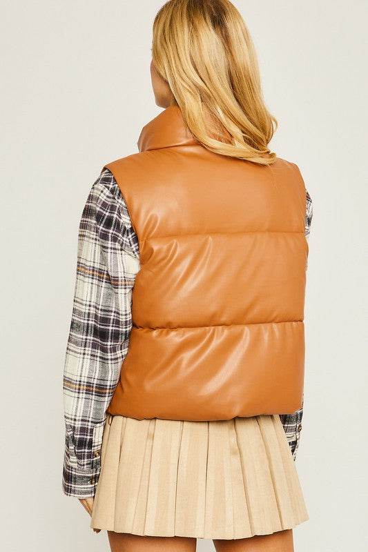 Love Tree PU Padded Sleeveless Mock Neckline Vest - Rosa Apparel