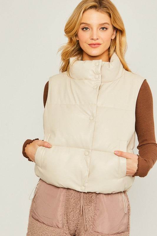 Love Tree PU Padded Sleeveless Mock Neckline Vest - Rosa Apparel