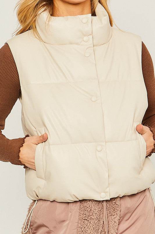 Love Tree PU Padded Sleeveless Mock Neckline Vest - Rosa Apparel