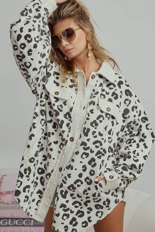 BiBi Vintage Washed Leopard Corduroy Buttoned Jacket - Rosa Apparel