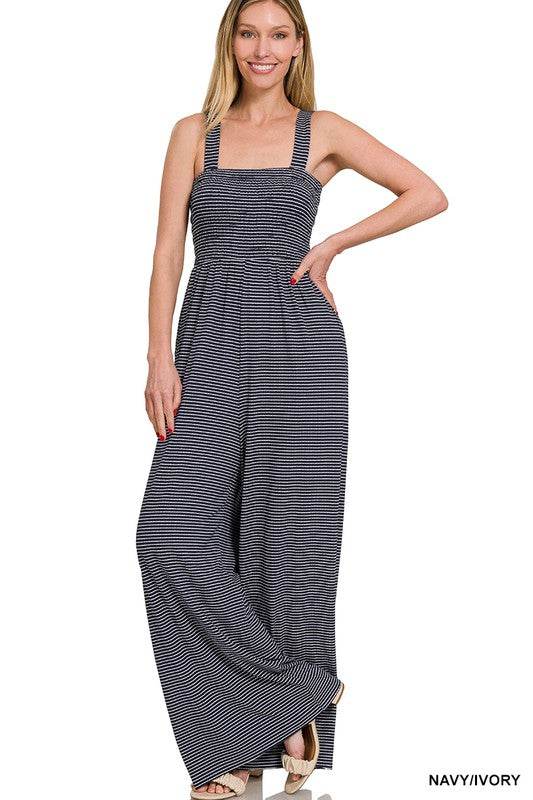 Zenana Smocked Top Striped Jumpsuit - Rosa Apparel