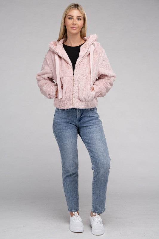 Ambiance Fluffy Zip-Up Teddy Sweater Hoodie - Rosa Apparel