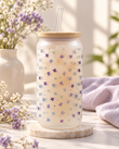 16oz Blue Floral Can Glass Cup with Bamboo Lid & Glass Straw – Personalized Frosted Beer Can Glass, Iced Coffee Cup, Cold & Heat Resistant Drinkware