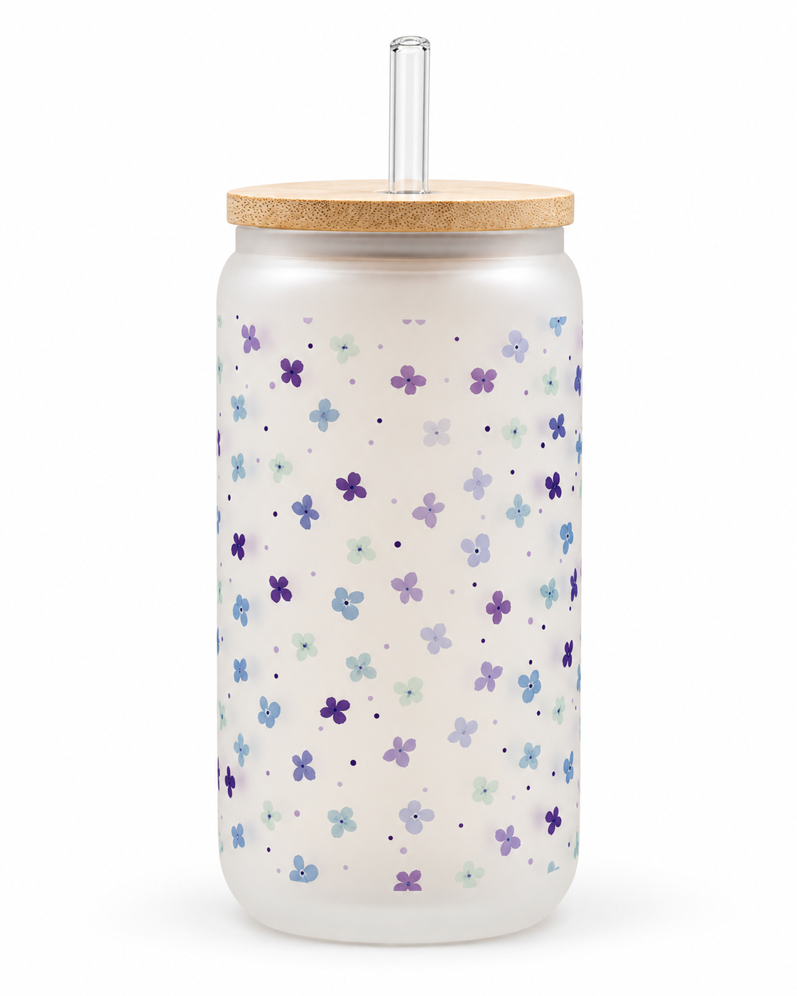 16oz Blue Floral Can Glass Cup with Bamboo Lid & Glass Straw – Personalized Frosted Beer Can Glass, Iced Coffee Cup, Cold & Heat Resistant Drinkware