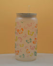16oz frosted butterfly can glass cup with bamboo lid and glass straw, colorful orange pink green and teal butterfly design