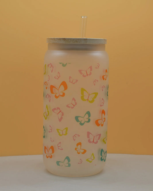 16oz frosted butterfly can glass cup with bamboo lid and glass straw, colorful orange pink green and teal butterfly design