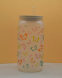 16oz frosted butterfly can glass cup with bamboo lid and glass straw, colorful orange pink green and teal butterfly design