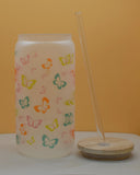 16oz frosted butterfly can glass cup with bamboo lid and glass straw, colorful orange pink green and teal butterfly design