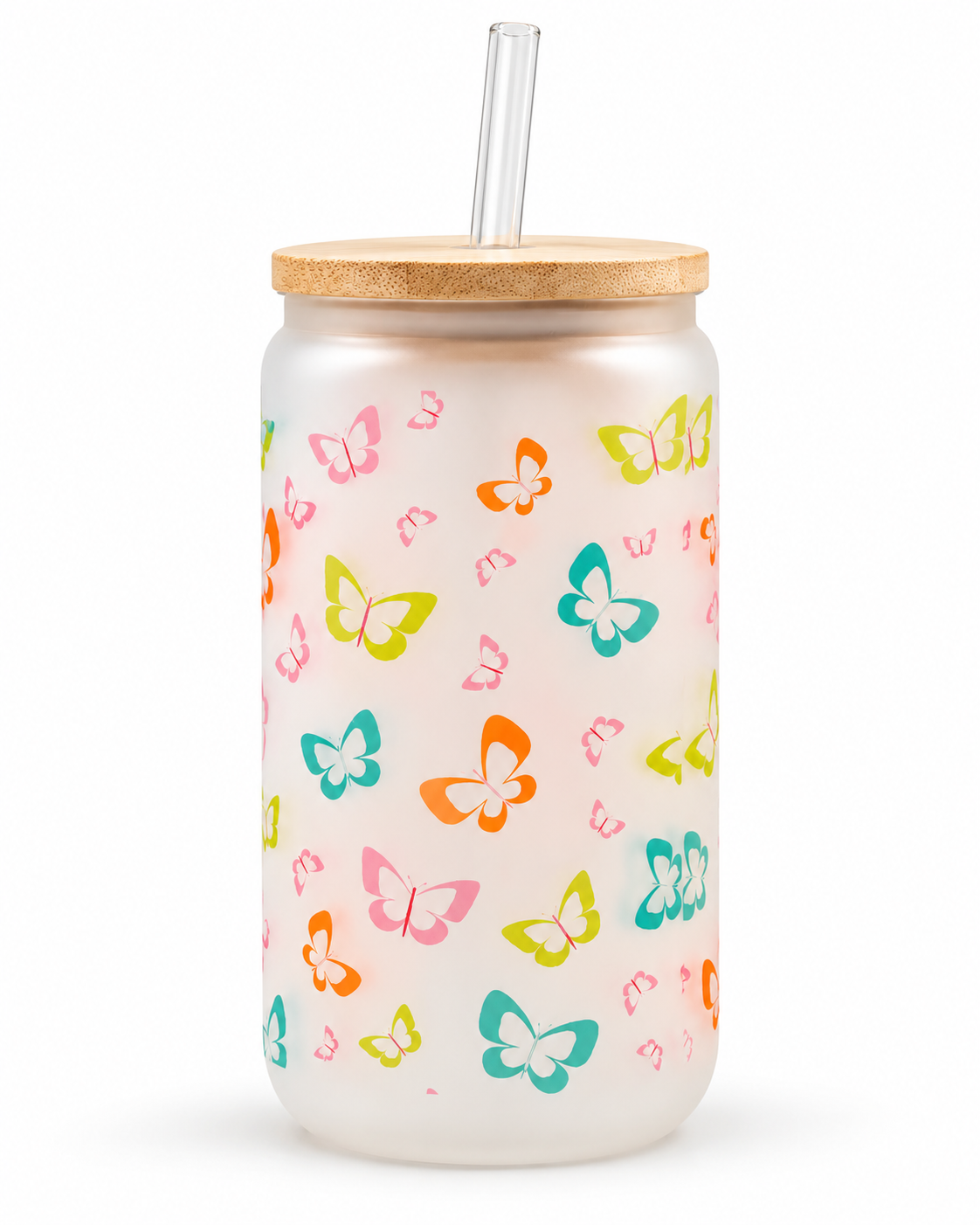 16oz Butterfly Can Glass Cup with Bamboo Lid & Glass Straw – Personalized Frosted Beer Can Glass, Iced Coffee Cup, Cold & Heat Resistant Drinkware