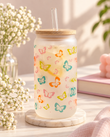 16oz Butterfly Can Glass Cup with Bamboo Lid & Glass Straw – Personalized Frosted Beer Can Glass, Iced Coffee Cup, Cold & Heat Resistant Drinkware