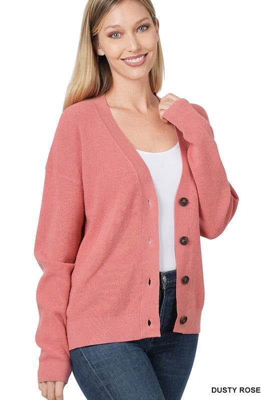 Zenana Viscose V-Neck Drop Shoulder Sweater Cardigan - Rosa Apparel