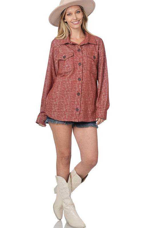 Zenana Melange Knit Long Sleeve Shacket With Pockets - Rosa Apparel