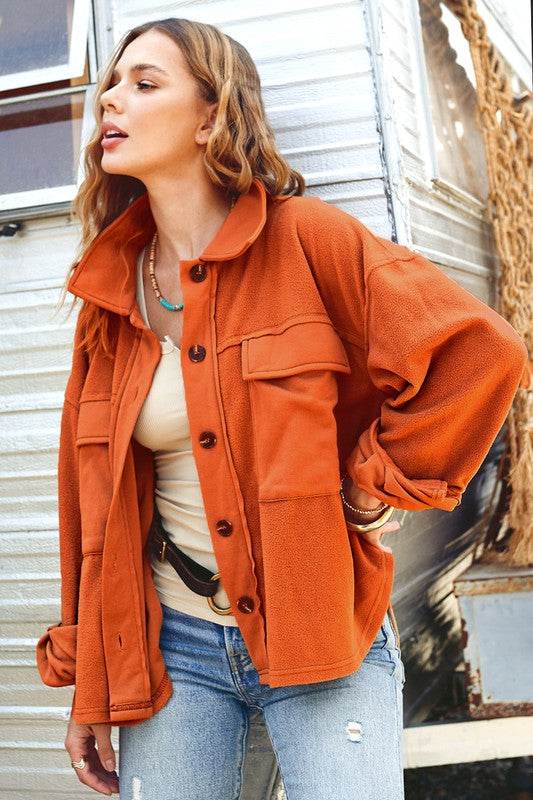 La Miel Matilda Button Up Front Collard Neck Long Sleeves Jacket - Rosa Apparel