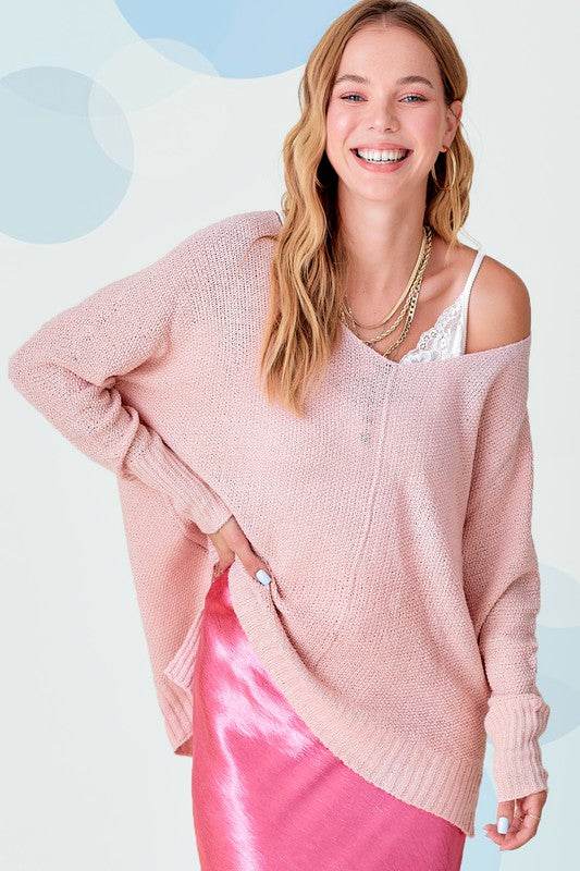 La Miel Winnie Casual Relaxed Scoop Neck Sweater - Rosa Apparel