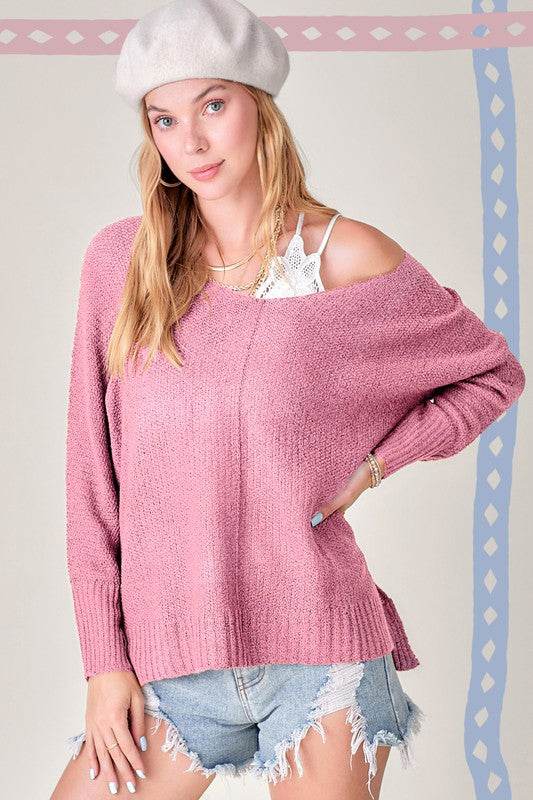 La Miel Winnie Casual Relaxed Scoop Neck Sweater - Rosa Apparel