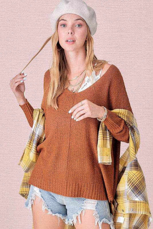 La Miel Winnie Casual Relaxed Scoop Neck Sweater - Rosa Apparel