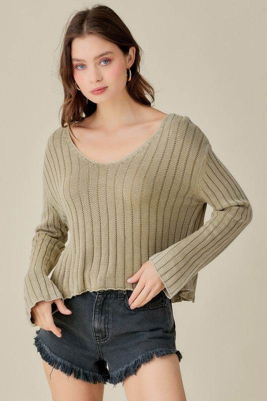 Mustard Seed Knitted V-Neck Washed Crop Sweater - Rosa Apparel