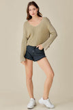 Mustard Seed Knitted V-Neck Washed Crop Sweater - Rosa Apparel