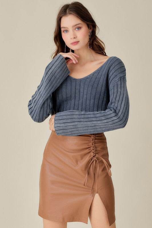 Mustard Seed Knitted V-Neck Washed Crop Sweater - Rosa Apparel