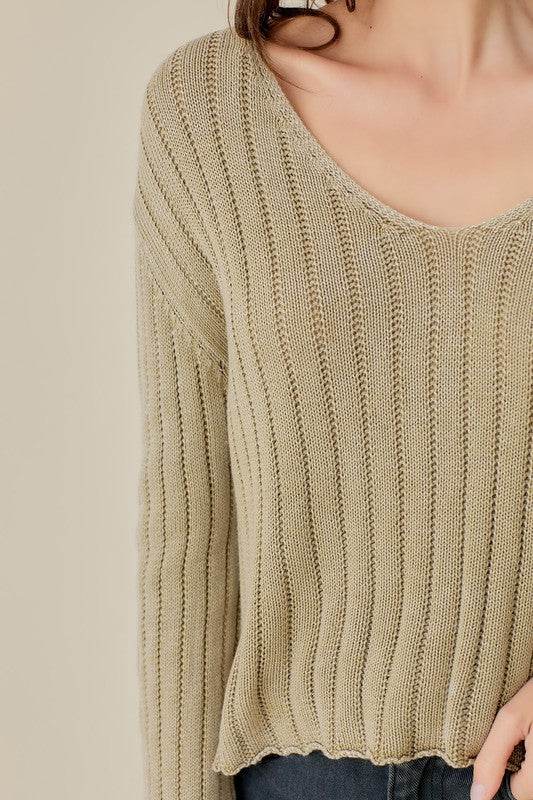 Mustard Seed Knitted V-Neck Washed Crop Sweater - Rosa Apparel
