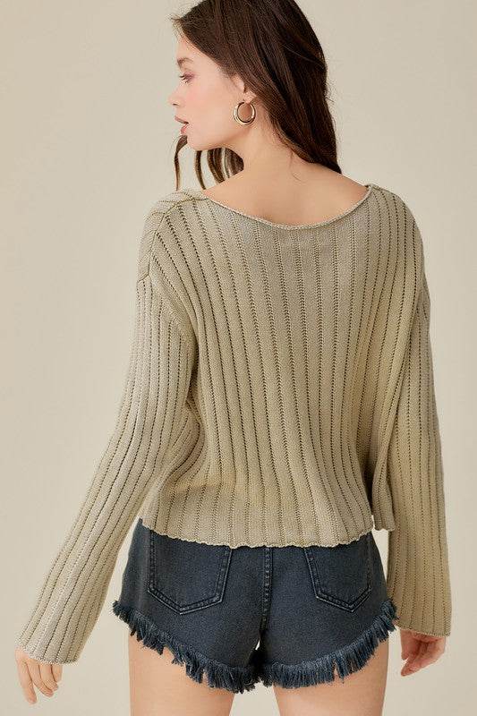 Mustard Seed Knitted V-Neck Washed Crop Sweater - Rosa Apparel