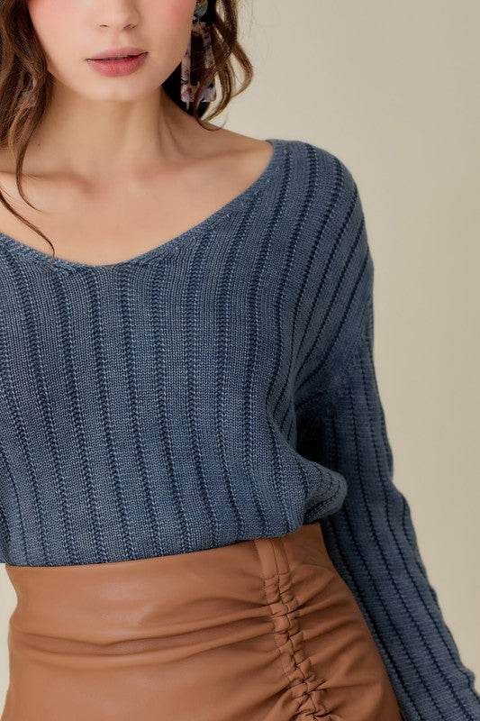Mustard Seed Knitted V-Neck Washed Crop Sweater - Rosa Apparel