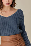 Mustard Seed Knitted V-Neck Washed Crop Sweater - Rosa Apparel
