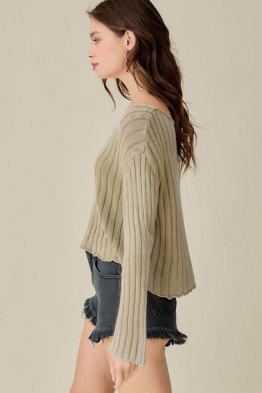 Mustard Seed Knitted V-Neck Washed Crop Sweater - Rosa Apparel