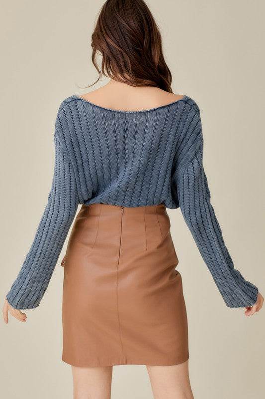 Mustard Seed Knitted V-Neck Washed Crop Sweater - Rosa Apparel