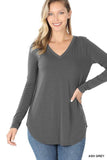 Zenana Long Sleeve V-Neck Round Hem Loose Fit Top - Rosa Apparel