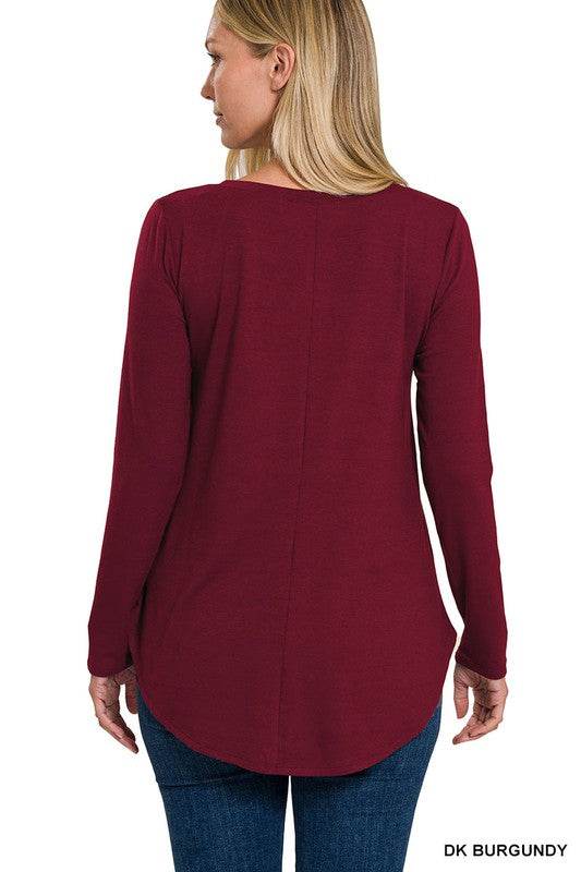 Zenana Long Sleeve V-Neck Round Hem Loose Fit Top - Rosa Apparel